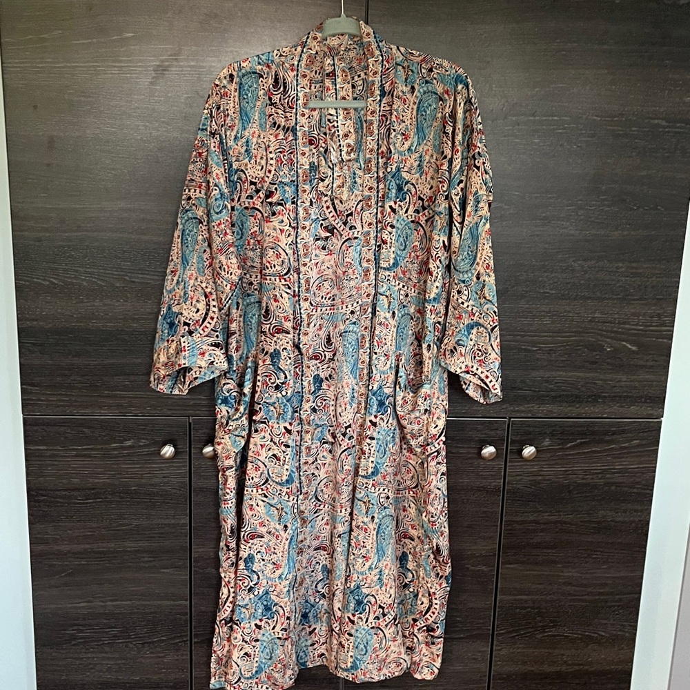 New #17 Poly-Silk Kimono Robe Made fr Indian Recycled Saris Turquoises Beige Red